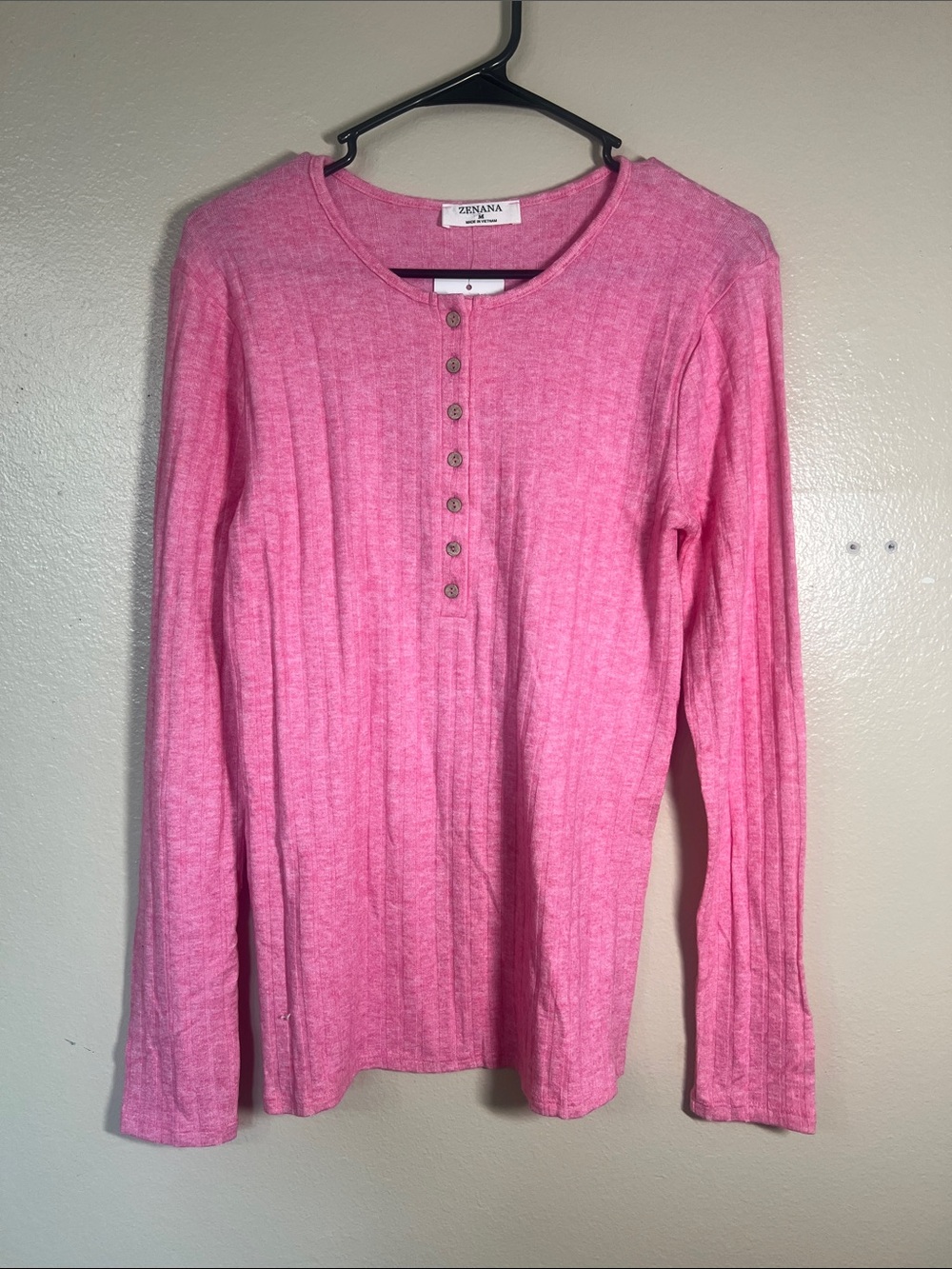 Zenana Outfitters Pink Ribbed Henley Long Sleeve Top